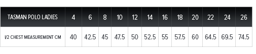 Tasman Sizing Chart